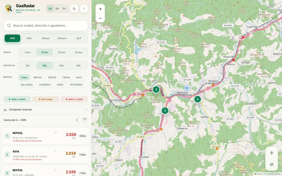 GasRadar mostrando en el mapa las gasolineras cercanas con sus precios