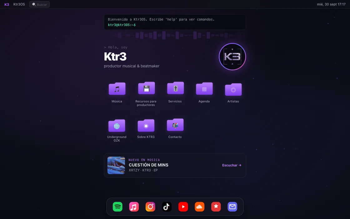 Portada de ktr3.es: escritorio interactivo con terminal, carpetas y accesos a plataformas