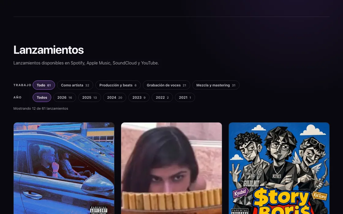 Catálogo de música de ktr3.es con filtros por tipo de trabajo y año